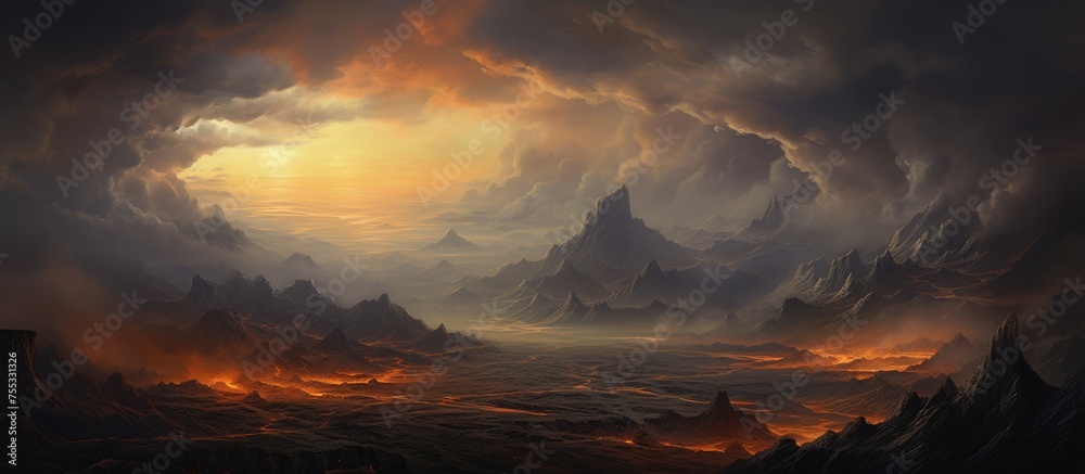 A painting depicting a fierce storm brewing in the sky above a mountainous backdrop, with dark clouds swirling ominously over a vast expanse of lava terrain.