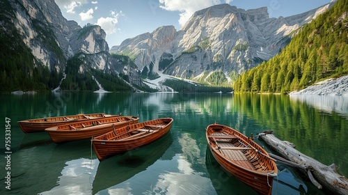 Boats on the Braies Lake ( Pragser Wildsee ) in Dolomites mountains, Sudtirol, Italy. copy space for text. photo