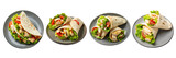 set of Tortilla Wrap with lettuce, tomato, and chicken meat in a grey plate isolated on white background