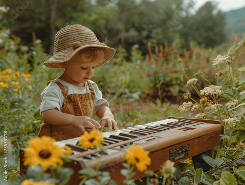 A candid moment of a child in a sunhat playing a keyboard outside with the garden in full bloom