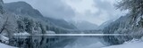 Serene Winter Lake Scene with Snow-Covered Mountains