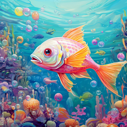 Underwater gummy fish swimming in a sea of soda pop photo