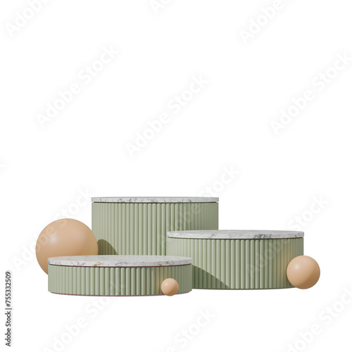 white marble and green cylinder podium in square, spheres 3d render image of transparent background

