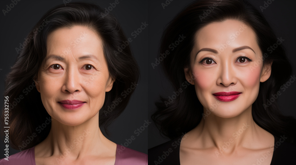 Portrait of a middle aged Asian woman before and after makeup Portrait of a middle aged Asian woman before and after makeup