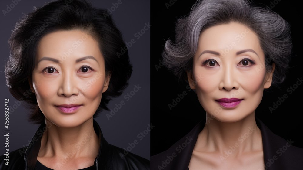 Portrait of a middle aged Asian woman before and after makeup Portrait of a middle aged Asian woman before and after makeup
