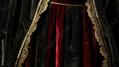 A luxurious velvety cape adorned with shiny gold trim fit for a wicked witch or vampire queen.
