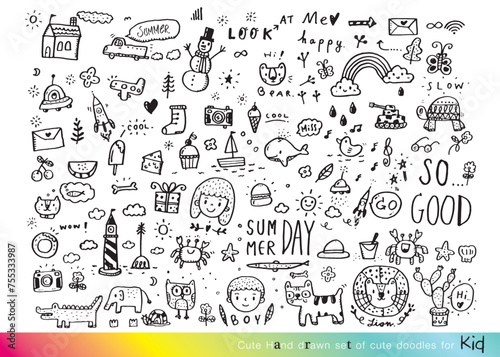 Collection of hand drawn cute doodles,Doodle children drawing,Sketch set of drawings in child style,Funny Doodle Hand Drawn,Page for coloring, cute animal