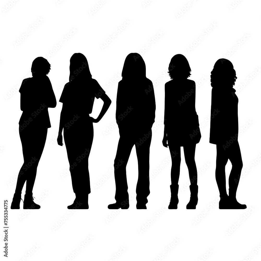 Vector silhouettes of  a women, a group of standing and walking business people, black color isolated on white background