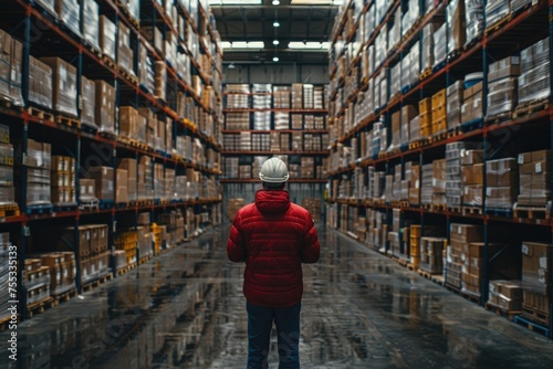 Handsome Male Worker Wearing Hard Hat Holding Digital Tablet Computer Walking Through Retail Warehouse full of Shelves with Goods. Professional People Working in Logistics and Distribution Center