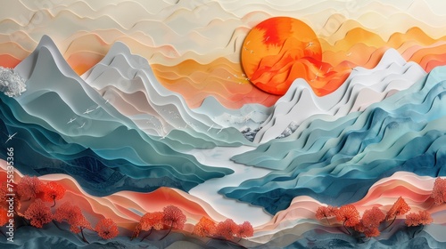 Layered Paper Art of Mountainous Landscape © happysunstock