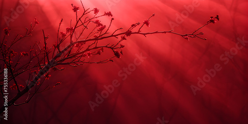  Red leaf Black tree branches and red smoke effect on red background Natural oak tree branches on a red background. Silhouettes of a dark gloomy forest with textured trees background and wallpaper 