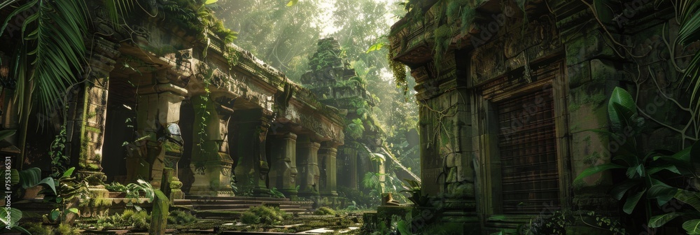 Ancient Library Hidden in the Jungle Background - Ancient library hidden within the depths of a lush jungle, its stone structures covered in moss and ivy created with Generative AI Technology