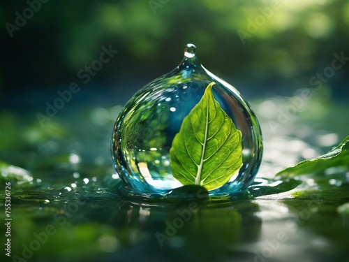 Close-up of a green leaf with water drops glistening like tiny bubbles photo