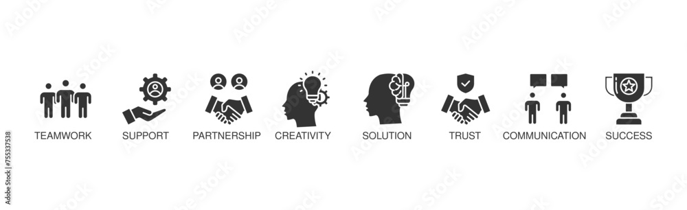 Collaboration banner web icon illustration concept with icon of teamwork, support, partnership, creativity, solution, trust, communication, success Collaboration banner web icon illustration concept with icon of teamwork, support, partnership, creativity, solution, trust, communication, success