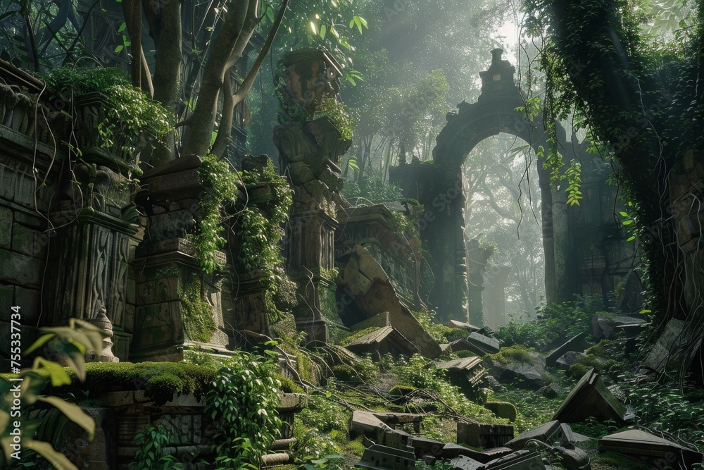Fototapeta premium Ancient Library Hidden in the Jungle Background - Ancient library hidden within the depths of a lush jungle, its stone structures covered in moss and ivy created with Generative AI Technology