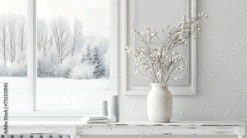 A framed picture of a snowy landscape serves as the background