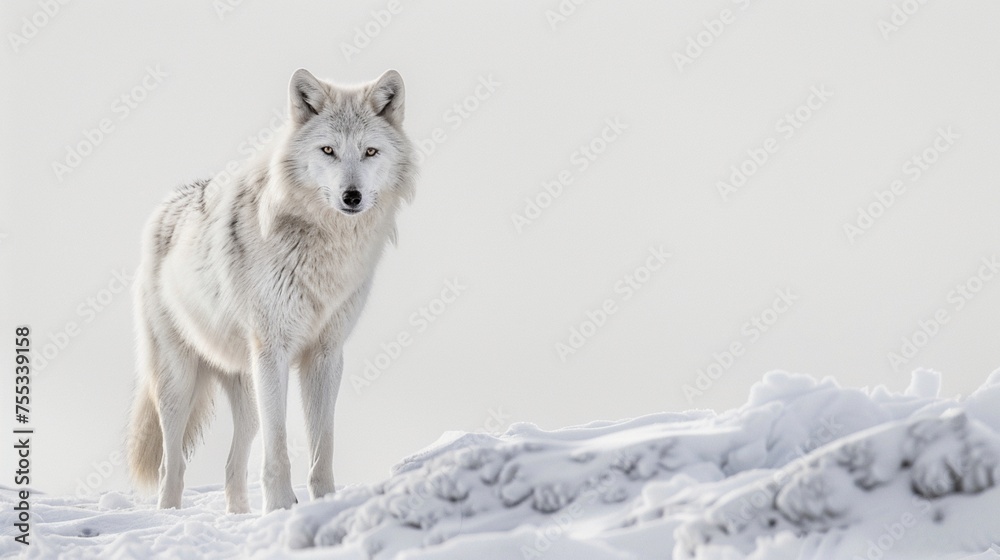 Noble arctic wolf standing proudly against a pristine white backdrop, its fur blending seamlessly with the snow.
