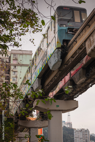 Close-up view of Chongqing metro train at Liziba station photo