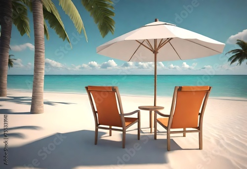 lounge chairs and umbrella on the beach © Iqra