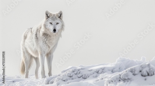 Noble arctic wolf standing proudly against a pristine white backdrop, its fur blending seamlessly with the snow.