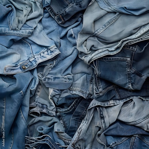 Variety of crumpled blue jeans creating a denim background with a top view perspective, showcasing different shades and styles of denim.