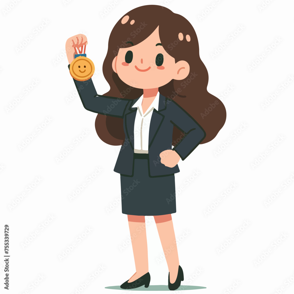 flat design illustration of a business woman showing her award medal