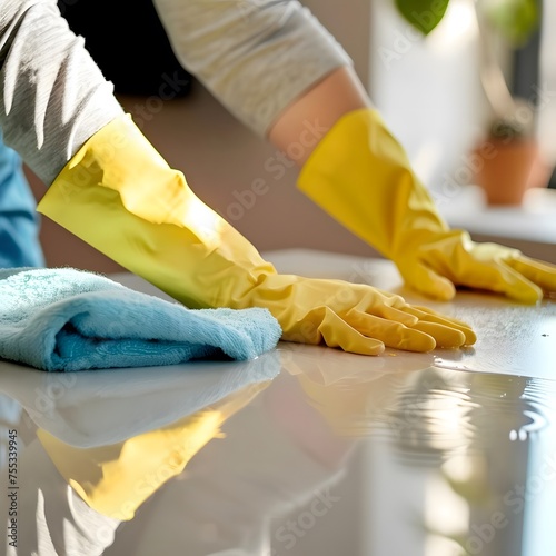 Professional female cleaner in gloves meticulously polishing a table top with cleaning cloths and spray, showcasing dedication to household or office cleaning duties.