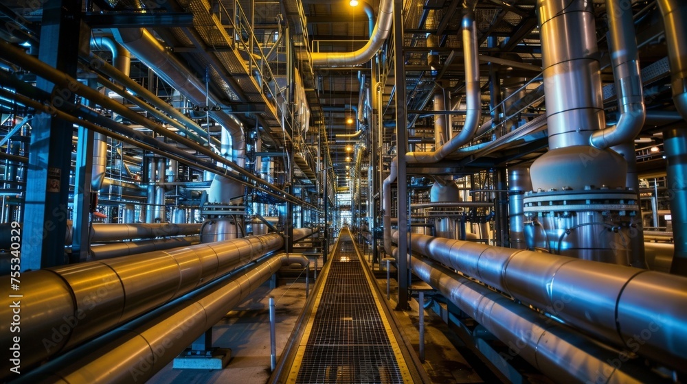 A maze of pipes and valves s throughout the refinery carrying different materials and products to various stages of production.