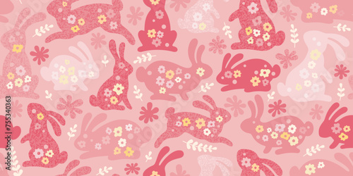 Easter background with rabbits and pink flowers. Chinese new year bunny seamless pattern. Easter floral background with red rabbit silhouettes in y2k style with watercolor texture, vector illustration