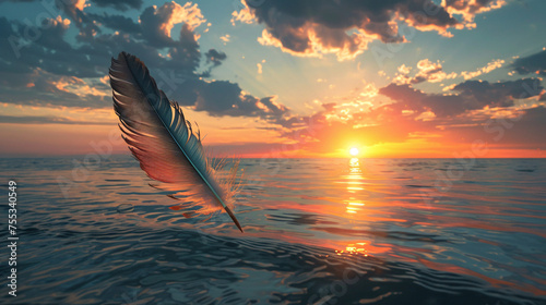 Surreal portrayal of a giant quill writing on the horizon of an ocean at sunset, blending the art of storytelling with the infinity of nature