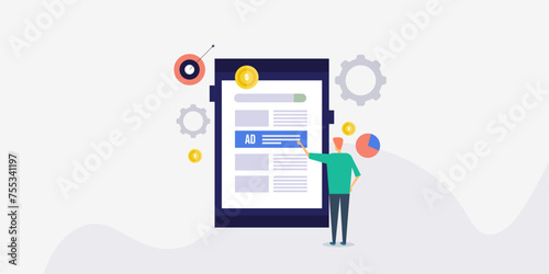 PPC advertising on mobile screen, customer clicks and convert with digital advertising increase business revenue re-targeting conceptual vector illustration.