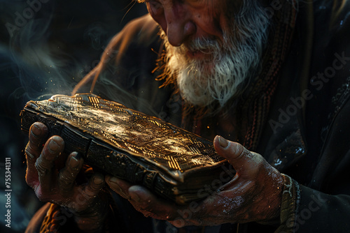Elderly man clutching a mysterious, ancient artifact, with complex lighting highlighting the textures, conveying a profound narrative