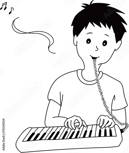 ピアニカを吹く男の子 モノクロ