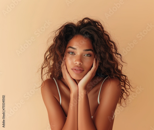 Portrait of Beautiful African american Model Woman with beautiful hydrated skin and natural facial makeup, skincare concept for product, spa, cosmetology, plastic surgery ad