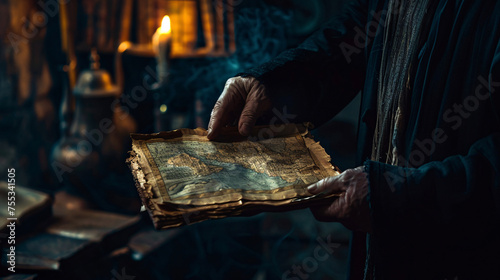 Shadowy figure holding a weathered map in a dimly lit room, surrounded by old-world charm and cinematic intrigue photo