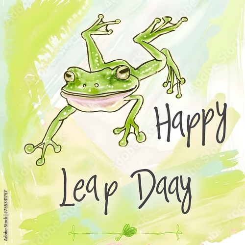 Colorful image of a joyful green frog leaping on a pastel background with "Happy Leap Day" text, capturing the fun and uniqueness of February 29th.