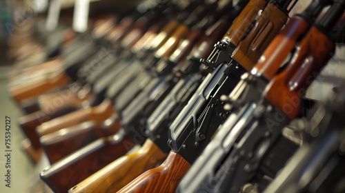 A row of AK-47 Kalashnikov assault rifles. photo