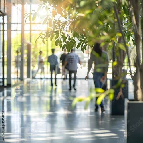 Abstract blurred background of a modern office building with people, green trees, and sunlight, symbolizing eco-friendliness and ecological responsibility in business.