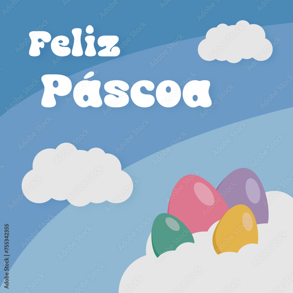 Feliz Páscoa, Ilustração em vetor. Ovos de páscoa nas nuvens no céu azul. Feliz Páscoa, Ilustração em vetor. Ovos de páscoa nas nuvens no céu azul.