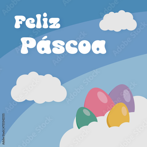 Feliz Páscoa, Ilustração em vetor. Ovos de páscoa nas nuvens no céu azul.