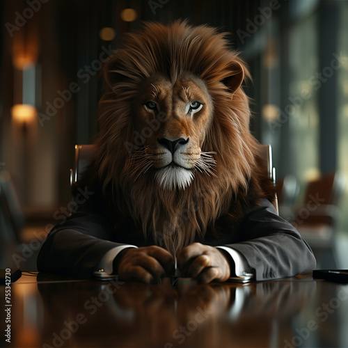 lion in the office  lion with human body in suit sitting at the table in luxury office  conference room