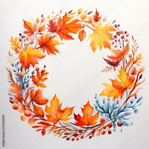Autumn wreath painted with watercolors. Yellow-orange leaves with berries.