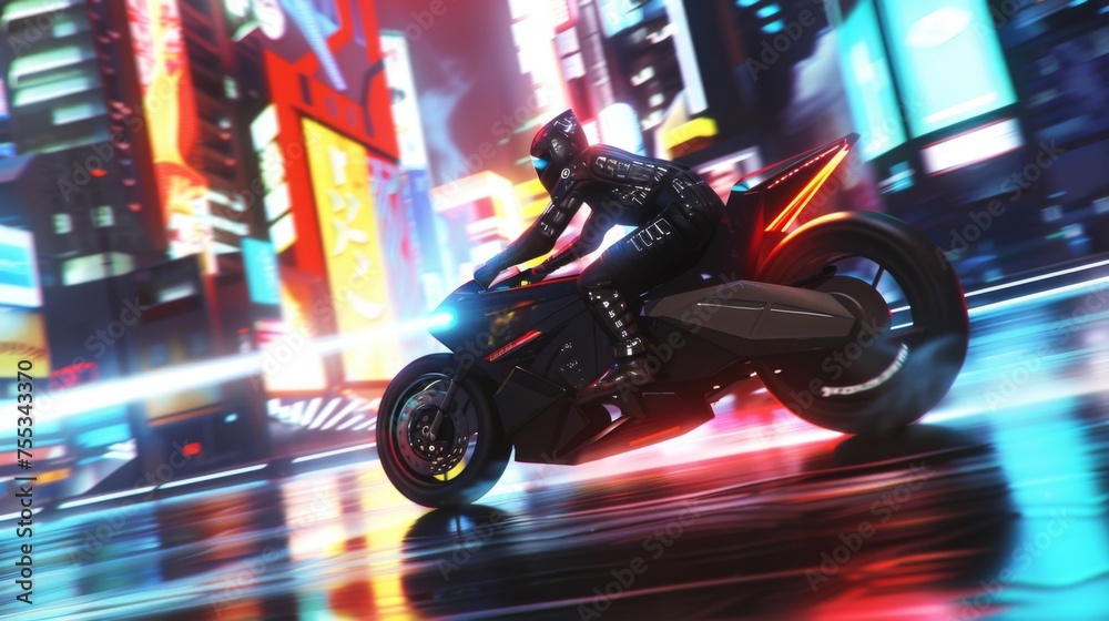 A sleek, futuristic motorcycle speeds through a neon-lit cityscape, with the rider in a high-tech suit leaning into the night.