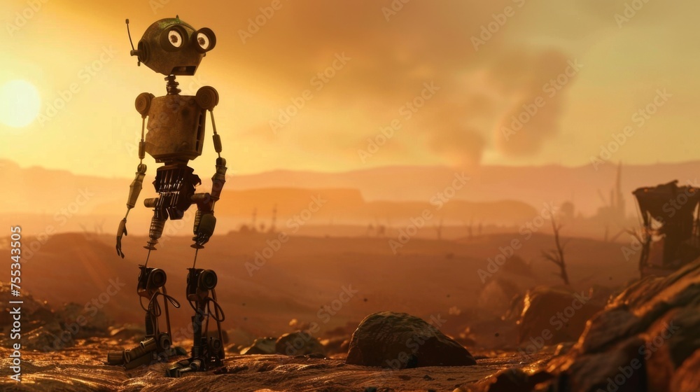 A solitary robot stands in a deserted wasteland, against the backdrop of a warm sunset, evoking a post-apocalyptic vibe