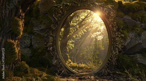 Ornate mirror standing in a forest, reflecting a sun-drenched, enchanting woodland