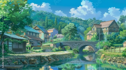River Village Amidst Mountain Peaks In Anime Style