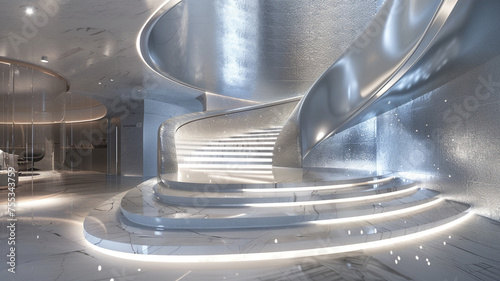 Fashioning a staircase in shades of icy silver, illuminated by subtle LED lighting, for a futuristic and glamorous look in the lobby.
