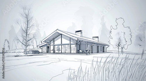 A drawn design plan of a single-family house surrounded by nature and forest  a simple drawing of a plan of a house in the countryside