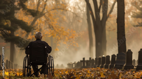 A military veteran adorned in uniform navigates a wheelchair with solemn determination at a military cemetery. Day of Remembrance. Generative AI.