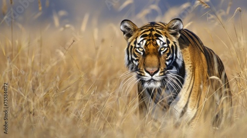 A rare sight of a Bengal tiger stealthily prowling through the tall grasses in search of prey.